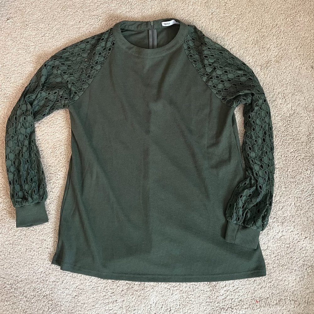 Miholl *Olive Green* Long Sleeve Top | Balloon Lace Sleeves | Zip Closure | EUC - Picture 1 of 10